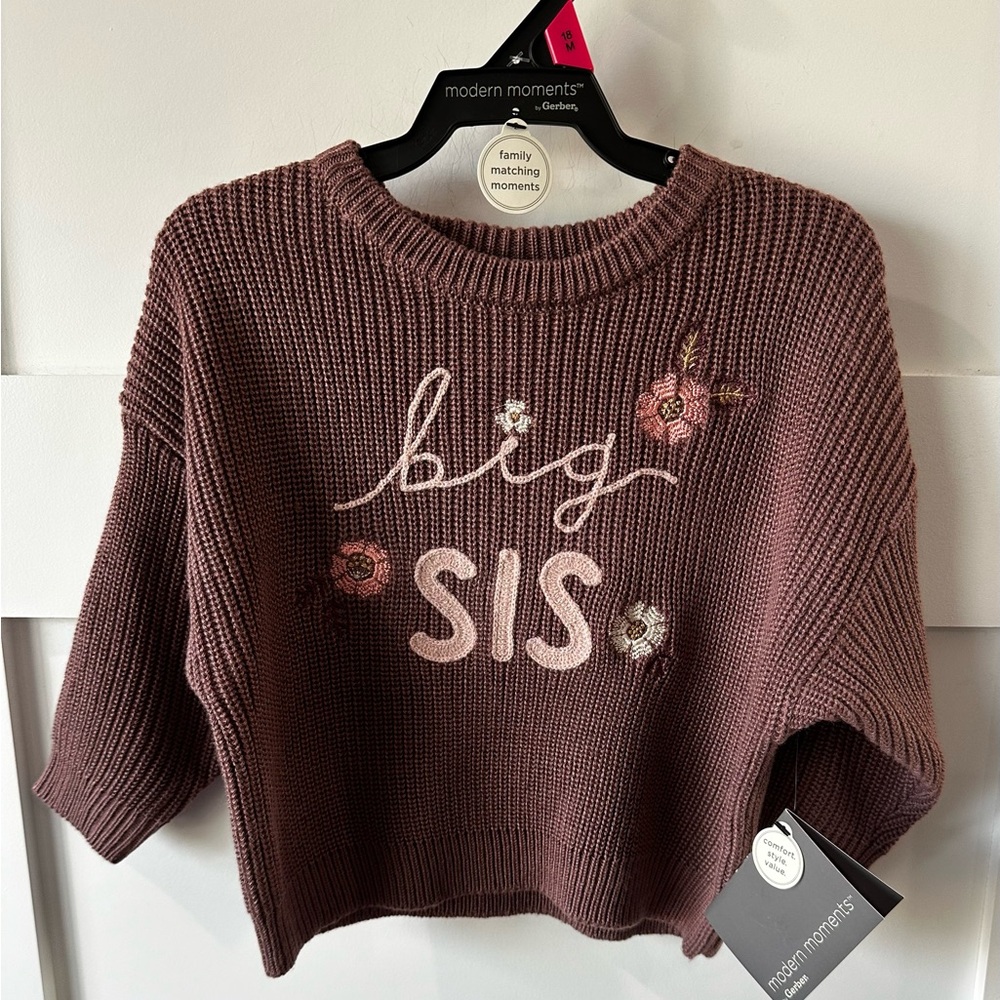 NWT Modern Moments By Gerber Big Sis Knit Sweater 18M Mauve Floral Embroidery